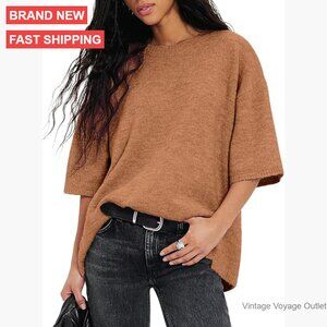 Oversized Crewneck Knit Pullover Short Sleeve Sweater Casual Soft Lightweight